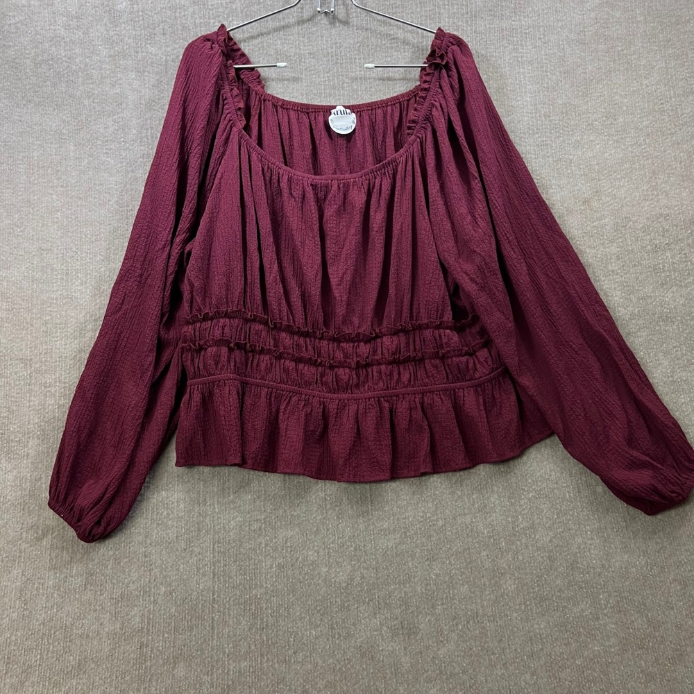 Arula Burgundy Textured Square Neck Milkmaid Smocked Peplum Top Long Sleeve XL